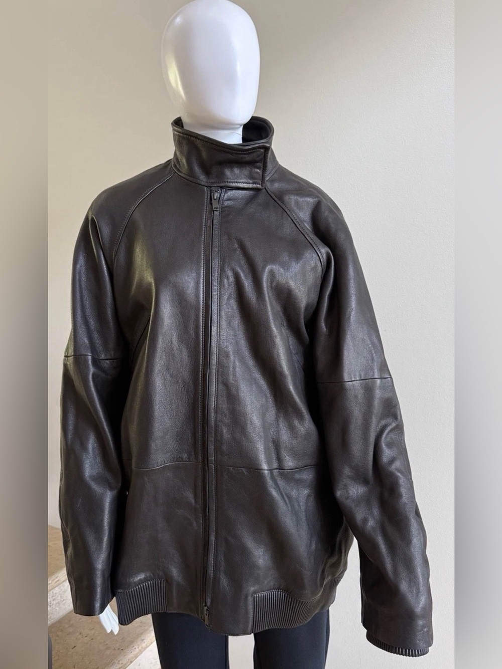 COS Dark Brown / Black Leather Oversized Bomber Jacket